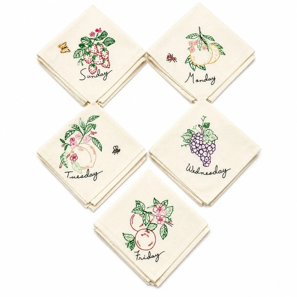 Vintage Tea Towels Days the Week Fruit Hand Embroidered Set of 5 Cream Kitschy